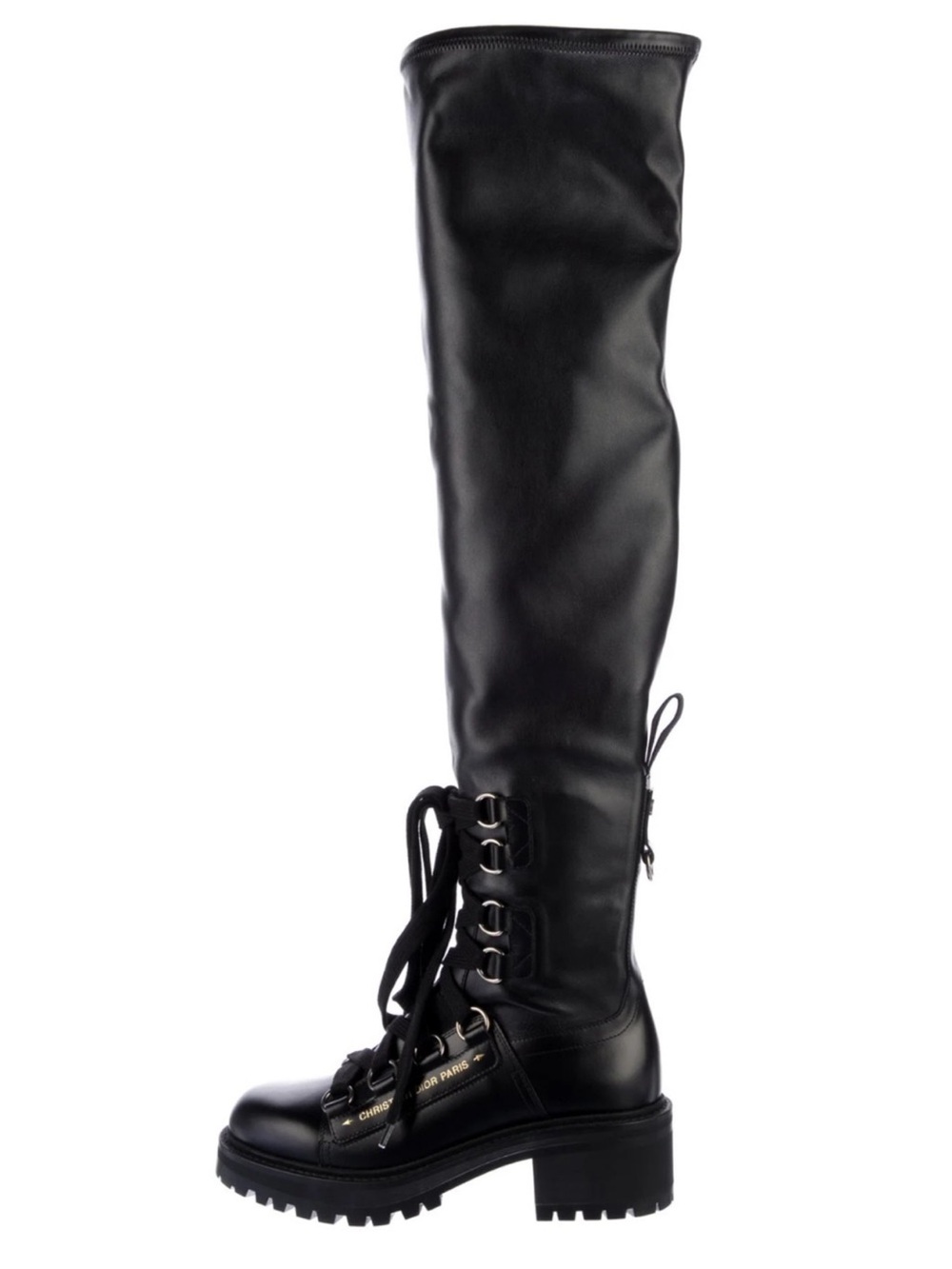 New Dior Over The Knee Lug Sole Black Leather Combat Boots Size 38